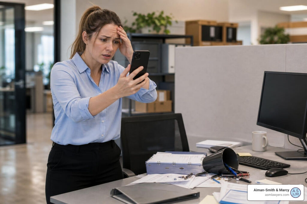 stressed employee documenting an incident on a personal phone in a workplace setting
